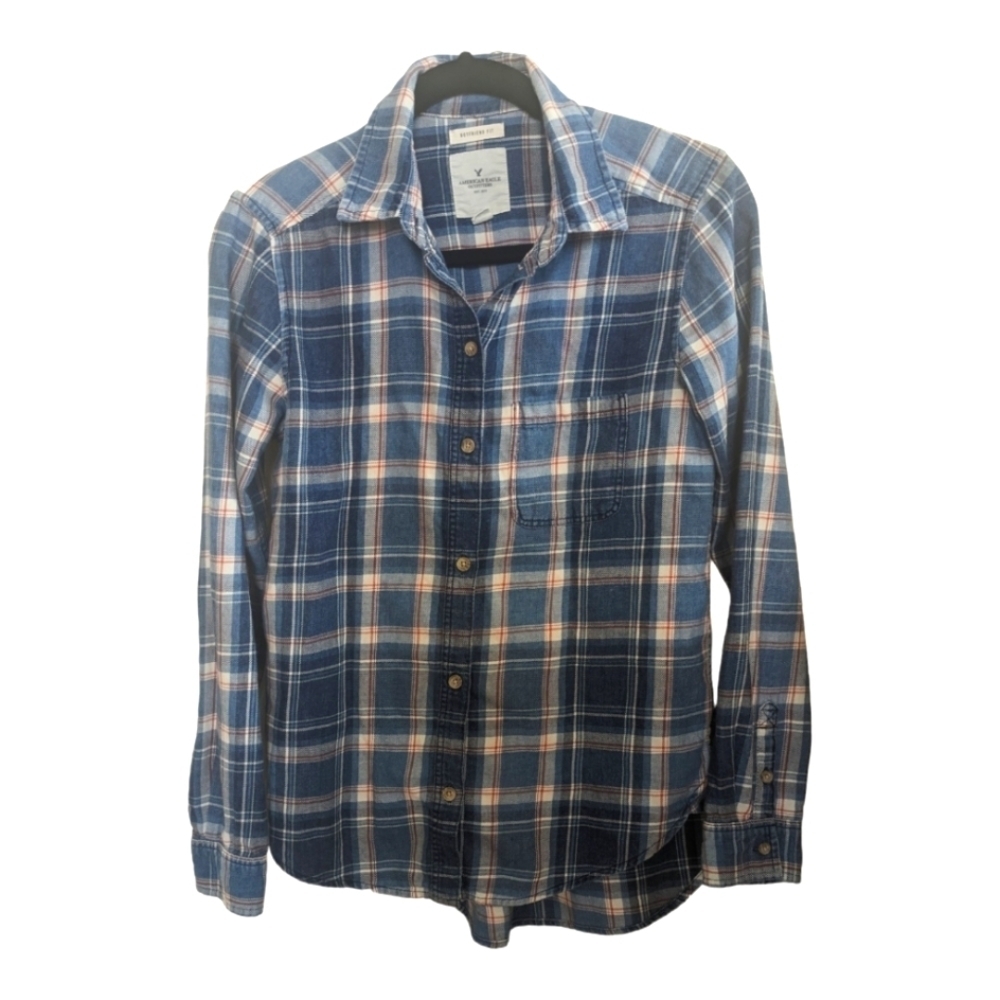 American Eagle Outfitters Blue Plaid Boyfriend Fit Button Up Flannel Shirt XS
